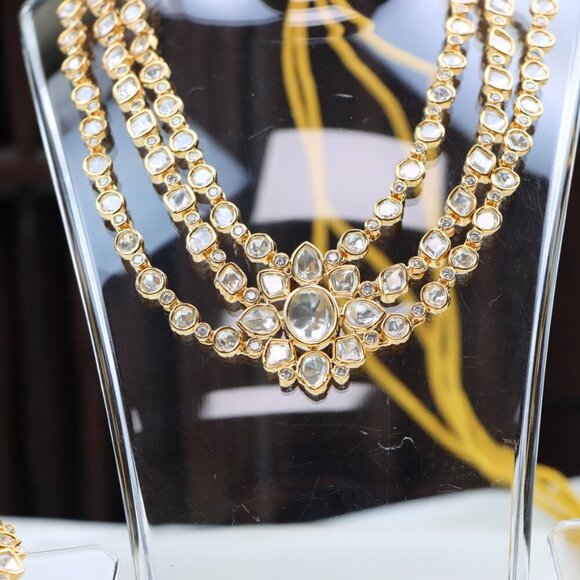 Regal Triple-Layer Kundan Necklace & Earrings Set, JP34 - Picture 2 of 10